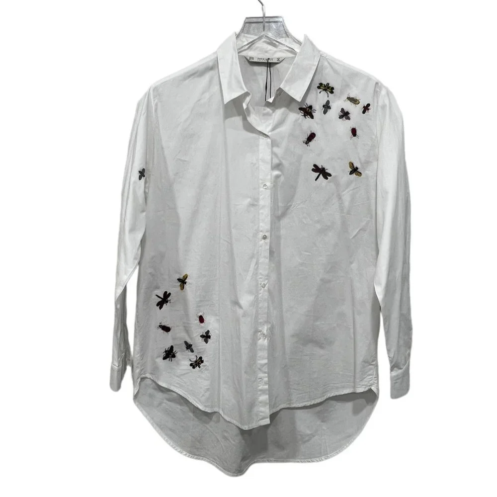 Embroidered Insect White Women's Top - Picture 3 of 9